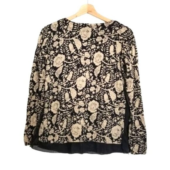 Lucky Brand Black and Tan Floral Sheer Lace Trim Long Sleeve Knit Sweater Small - Picture 2 of 7